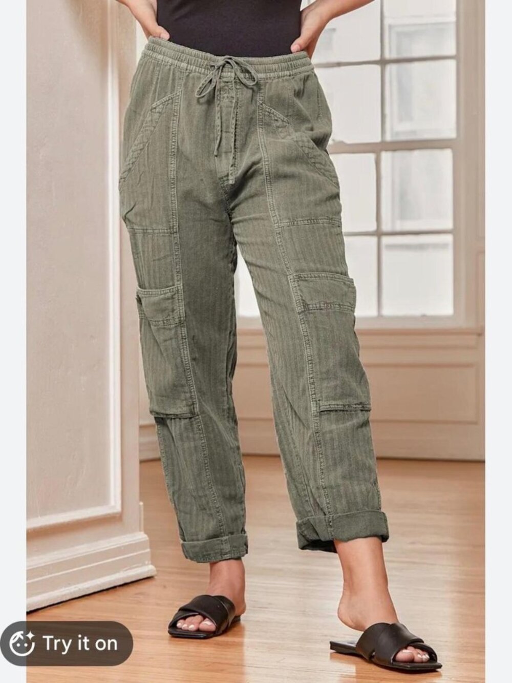Free People Women’s Size L Linen Blend Khaki Green Cargo Pants lagenlook forest - Picture 2 of 10